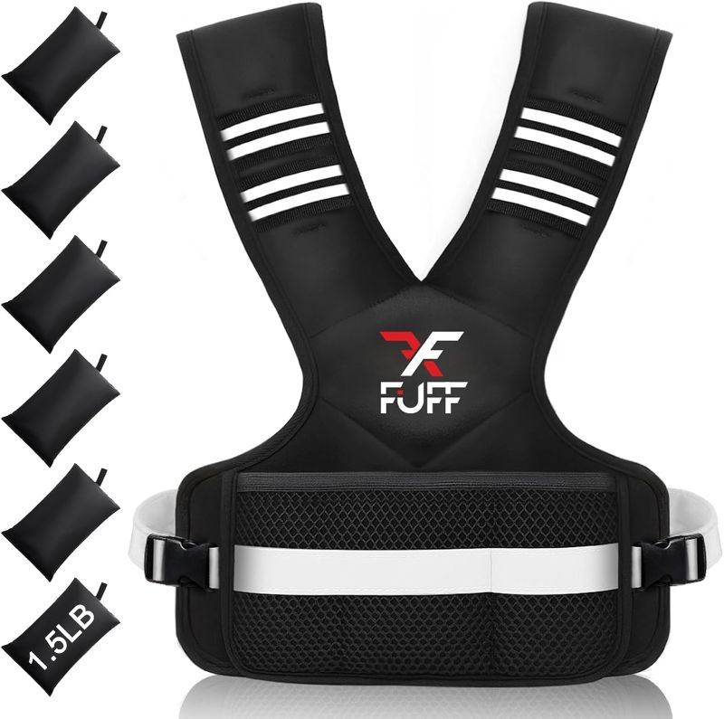 Photo 1 of FUFF Adjustable Weighted Vest for Women & Men,4-10lb/11-20lb/20-32lb Vest with 6 Ironsand Weights for Strength Training,Weight Vest with Reflective Strip for Running Walking Exercise Workout
