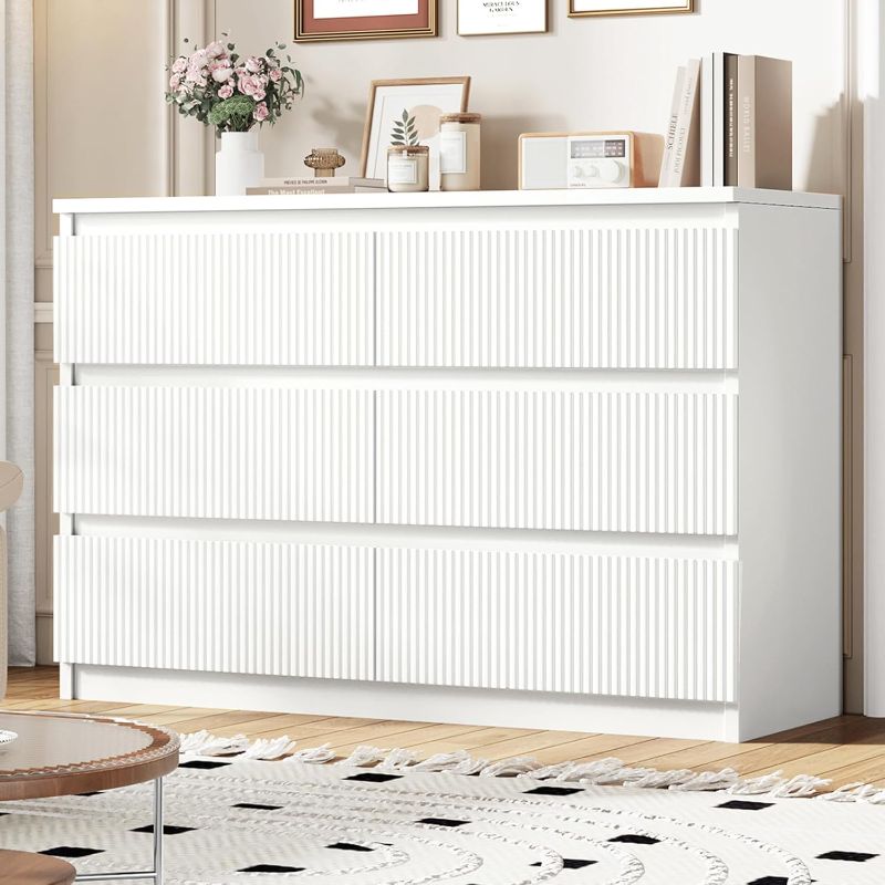 Photo 1 of White 6 Drawer Dresser for Bedroom, Modern Fluted Dresser with Deep Drawers, Large Double Wooden Chest of Drawers for Living Room, Hallway, Entryway (White)
