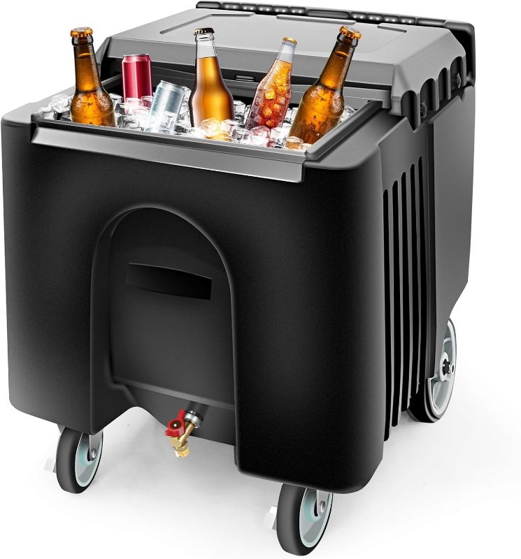 Photo 1 of PYY Ice Caddy Bin Commercial - Portable Commercial Rolling Cooler Cart Ice Beer Beverage Chest on Wheels with Lid and Handle for Bar, Restaurant, Outdoor Party and Catering, Holds 125 Lb, Black
