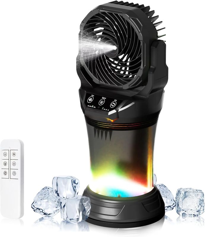 Photo 1 of Portable Misting Fan with Remote & 30000mAh Rechargeable Misting Fans for Outside Patios Camping Beach & Workshops Mist Fan Portable for Outdoor/Indoor 2L Water Tank RGB Light 4 Speeds & Spray
