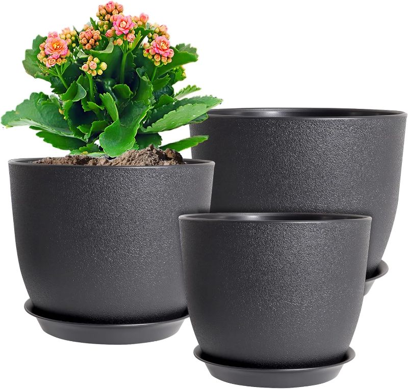 Photo 1 of 10/9/8 inch Medium Plant Pots, 3 Pack Modern Decorative Plastic Planters with Drainage Holes and Saucers, Flower Pots for Indoor Outdoor Plants, Black
