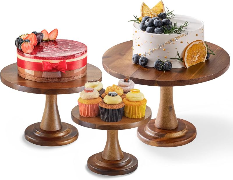 Photo 1 of Set of 3 Acacia Wood Cake Stand Set – Wooden Rustic Farmhouse Cupcake Stand - Wedding and Birthday Decorating Cake Pedestal Stand - Dessert Display Serving Use at Parties, Restaurants, Birthday
