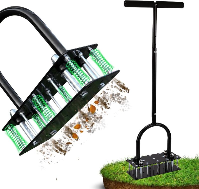 Photo 1 of Lawn Aerator - Aerator Lawn Tool, Automatic Dirt and Leaf Clean Design, Heavy Duty Manual Lawn Aerator Tool with 15 Iron Spikes, Height Adjustable, Yard Grass Aerator for Lawn(Black)
