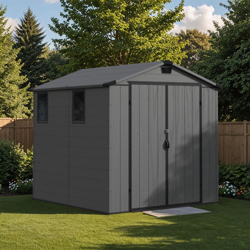 Photo 1 of Patiowell 6 x 8 FT Plastic Outdoor Storage Shed with Floor, Resin Outside Tool Shed with Two Windows and Lockable Easy to Install, Door for Garden, Backyard, Tool Storage Use, Dark Grey

