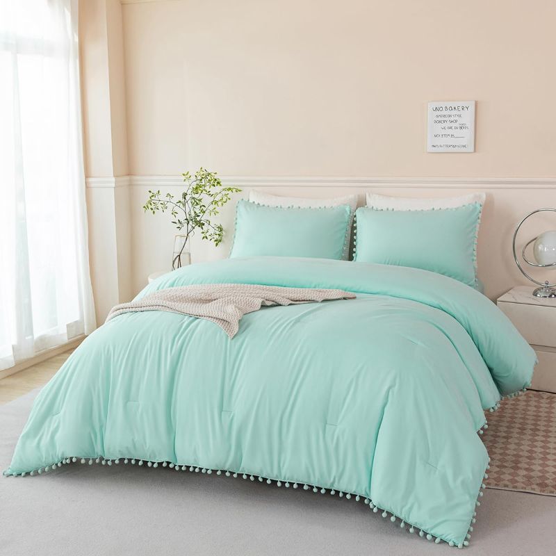 Photo 1 of ERFEMET 5 Piece Bed in A Bag Queen Size Mint Green Comforter Boho Pom Pom Bedding Comforter Set Soft Fluffy Solid Bedding Set with Sheet for Girls.. FULL 