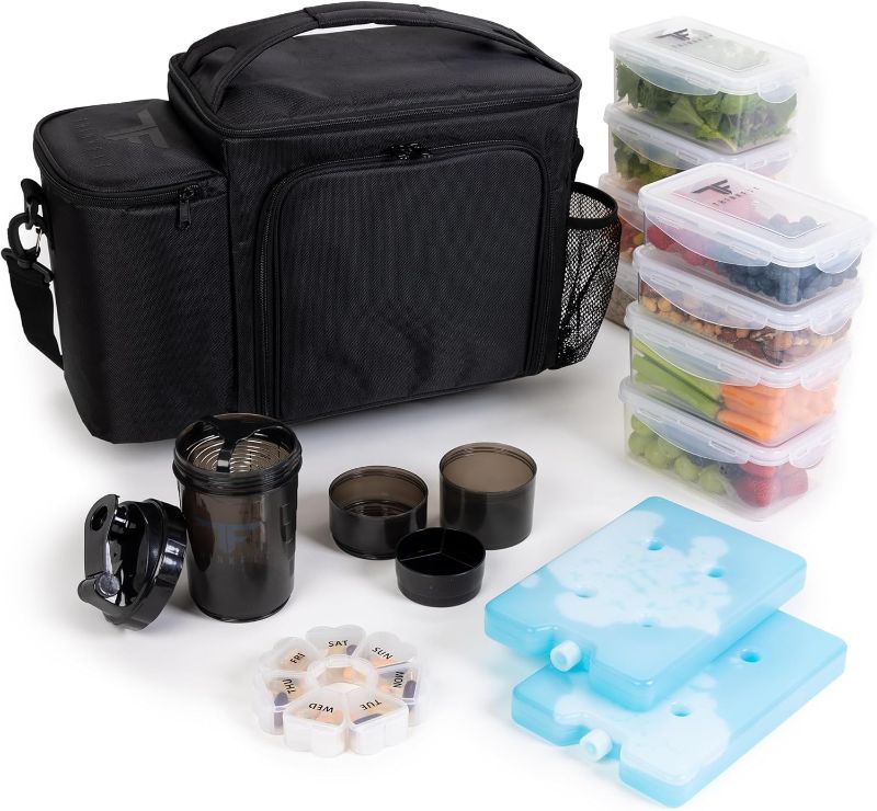 Photo 1 of ThinkFit Large Black Meal Prep Lunch Bag, 8 Portion Control Containers, Pill Dispenser, Shaker Cup & 2 XL Reusable Ice Packs
