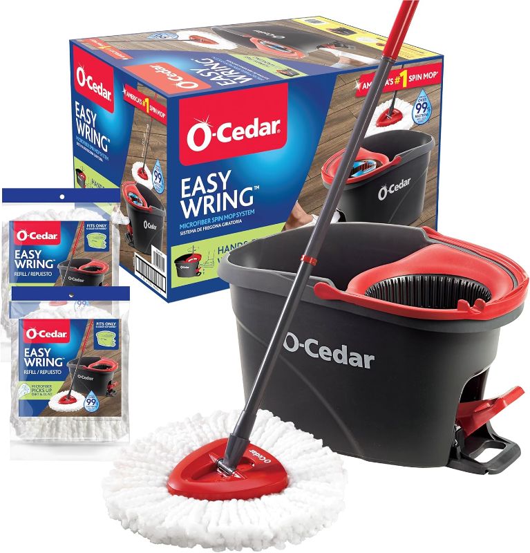 Photo 1 of O-Cedar EasyWring Microfiber Spin Mop & Bucket Floor Cleaning System + 2 Extra Refills, Red/Gray