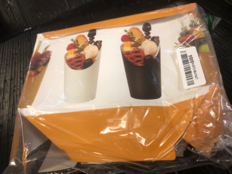 Photo 1 of CAMKYDE 50 Sets Disposable Charcuterie Cups with Sticks and Bags, 12 oz White Paper Snack Appetizers Cup French Fry Holder with Cocktail Picks Toothpicks (50 Cups+50 Bags+200 Sticks)