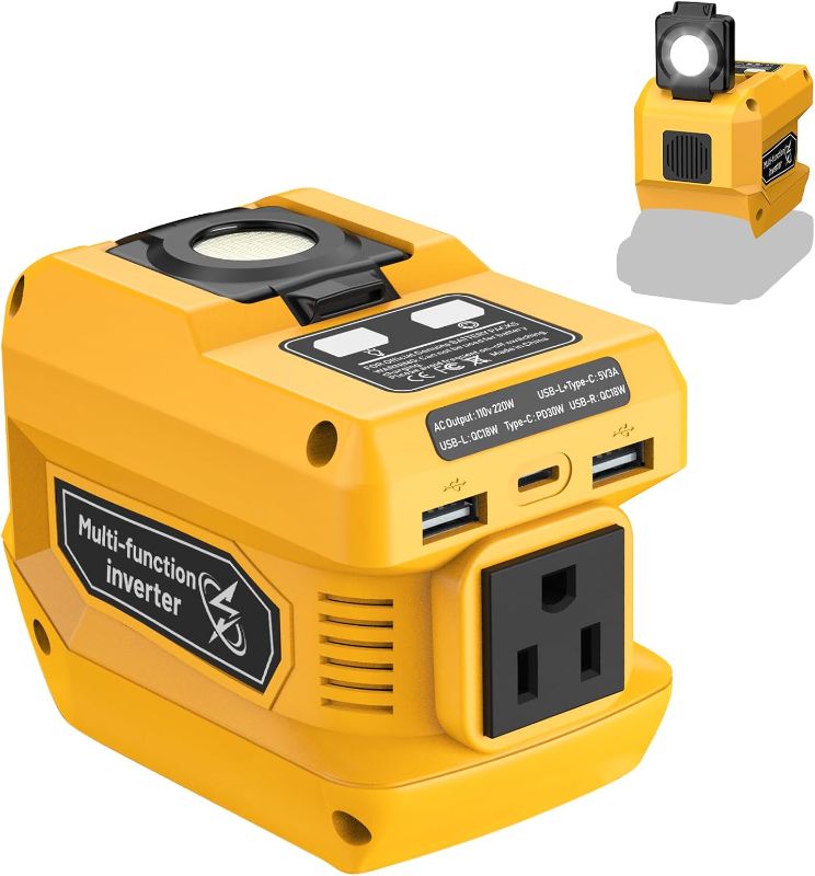 Photo 1 of 220W Power Inverter Compatible with Dewalt 20V Battery, DC 20V to AC 110V Portable Power Station with 1 AC Outlet, 2 USB Ports & 1 Type-C Fast Charging, 400LM LED Work Light   