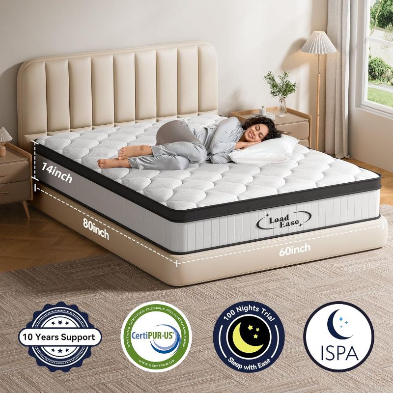 Photo 1 of Mattress Queen Size, 14 Inch Queen Hybrid Mattress in a Box, Memory Foam with Firm Individually Wrapped Pocket Springs, Pressure Relief & Motion Isolation, CertiPUR-US Certified, 60" x 80" x 14"