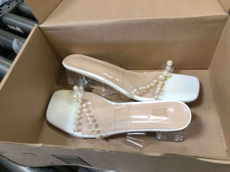 Photo 1 of MakeMeChic Women's Pearl Clear Strap Heeled Sandals Leather Square Open Toe Chunky Sandal White 10.5