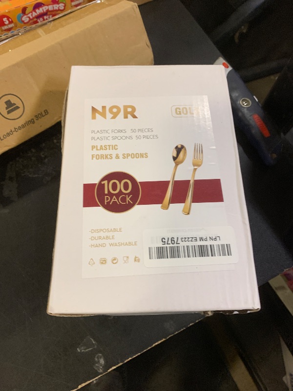 Photo 1 of N9R 100PCS Gold Plastic Silverware, Heavy Duty Disposable Cutlery Set for Parties, Disposable Plastic Spoons and Forks Includes 50 Gold Spoons and 50 Forks for Weddings, Birthday, Dinners