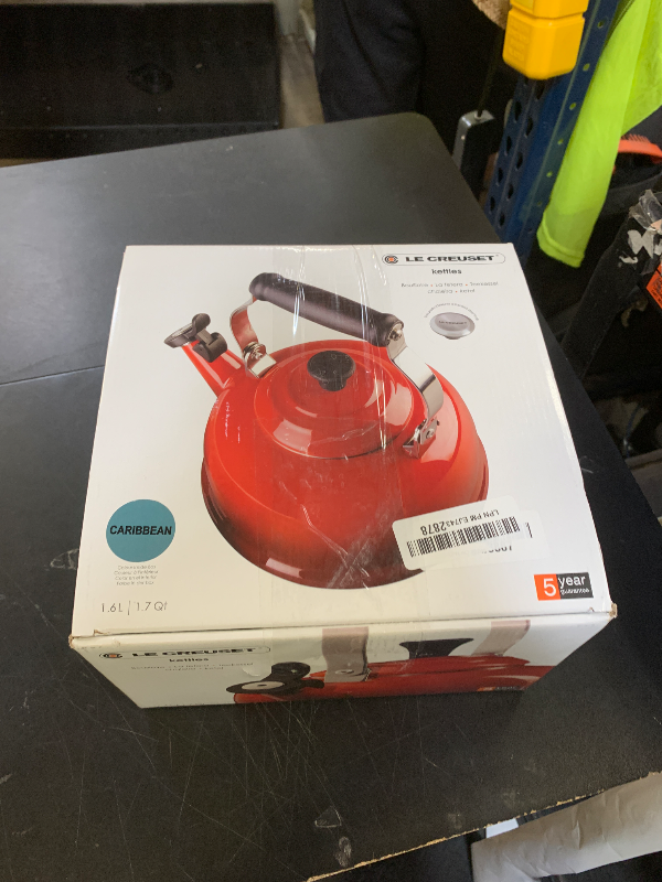 Photo 1 of Le Creuset Enamel On Steel Whistling Tea Kettle with Metal Finishes, 1.7 qt., Caribbean