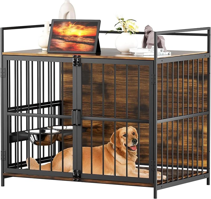 Photo 1 of ROOMTEC Furniture Style Large Dog Crate with 360° & Adjustable Raised Feeder for Dogs 2 Stainless Steel Bowls -End Table House Pad, Indoor Use,41" L X 24" W 36" H, Classic Brown