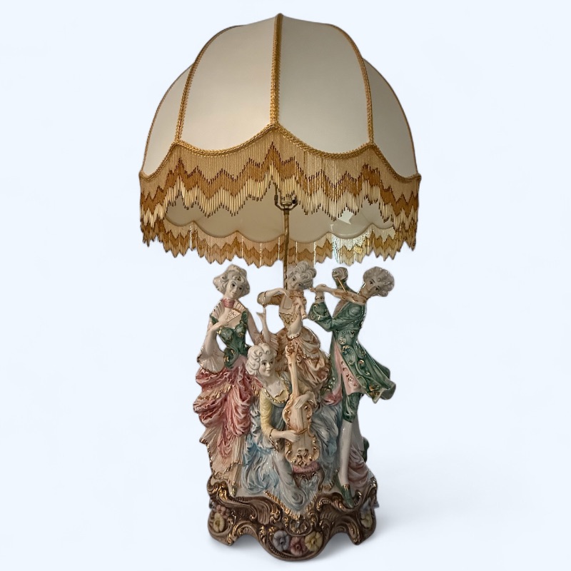 Photo 1 of ANTIQUE MID CENTURY ITALIAN PORCELAIN TABLE LAMP W DANGLE GOLD BEADED SHADE H50” W26”