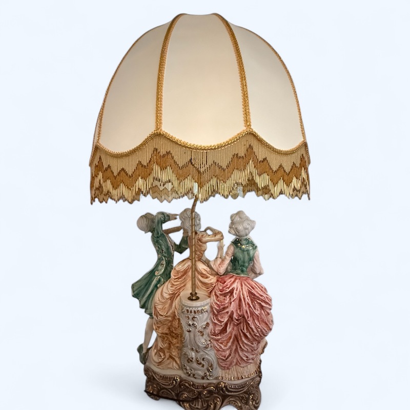 Photo 1 of ANTIQUE MID CENTURY ITALIAN PORCELAIN TABLE LAMP W DANGLE GOLD BEADED SHADE H50” W26”