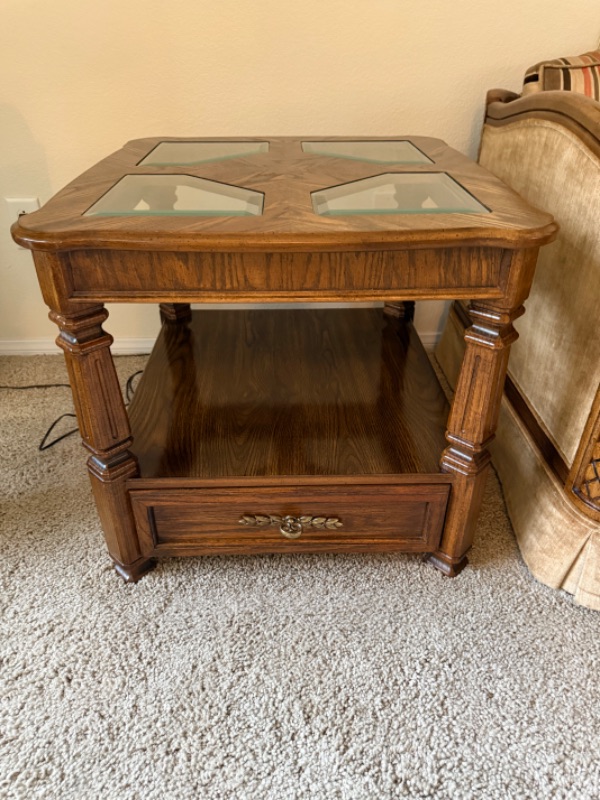 Photo 1 of VINTAGE WALNUT W GLASS INSETS END TABLE 24” x 26” H22”