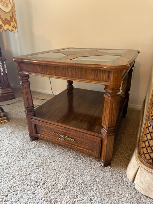 Photo 1 of VINTAGE WALNUT W GLASS INSETS END TABLE 24” x 26” H22”