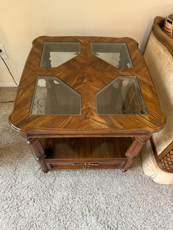 Photo 1 of VINTAGE WALNUT W GLASS INSETS END TABLE 24” x 26” H22”