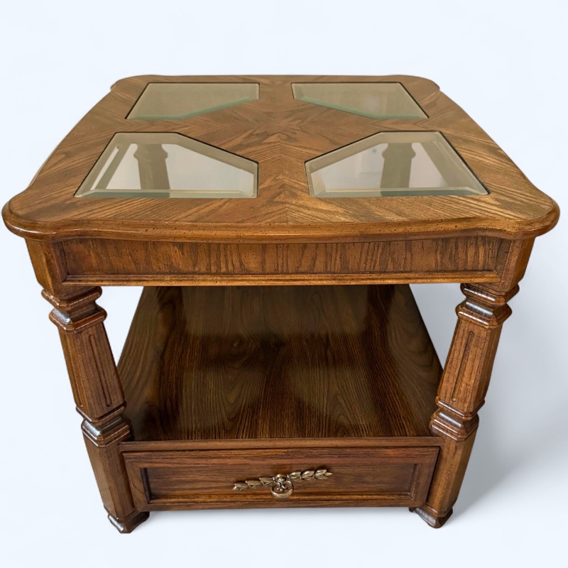 Photo 1 of VINTAGE WALNUT W GLASS INSETS END TABLE 24” x 26” H22”