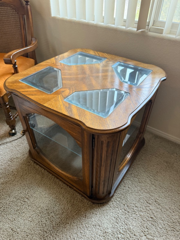 Photo 1 of VINTAGE WALNUT W GLASS INSETS END TABLE 25” x 24” H22”