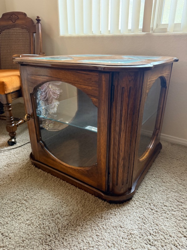 Photo 1 of VINTAGE WALNUT W GLASS INSETS END TABLE 25” x 24” H22”