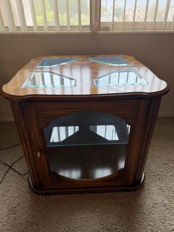 Photo 1 of VINTAGE WALNUT W GLASS INSETS END TABLE 25” x 24” H22”