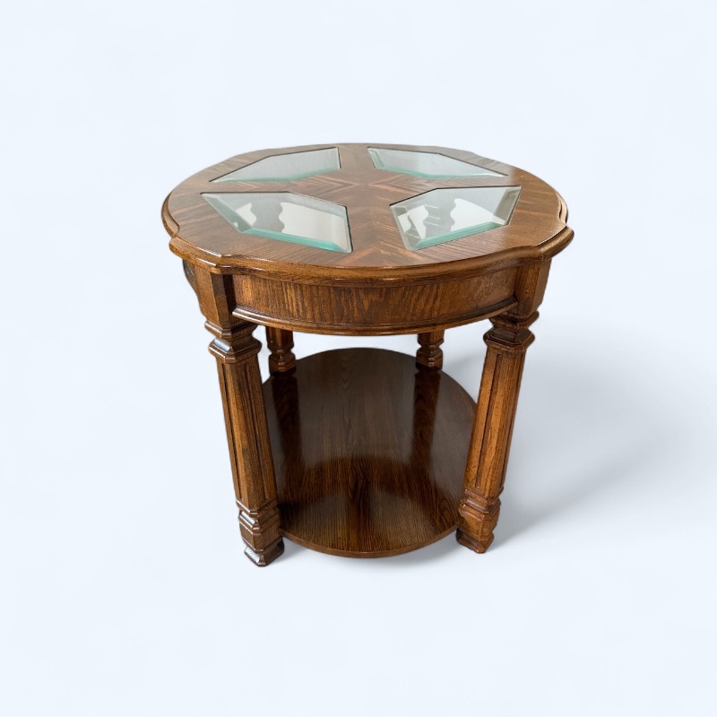 Photo 1 of VINTAGE WALNUT W GLASS INSETS SIDE TABLE 23” x 27” H22”