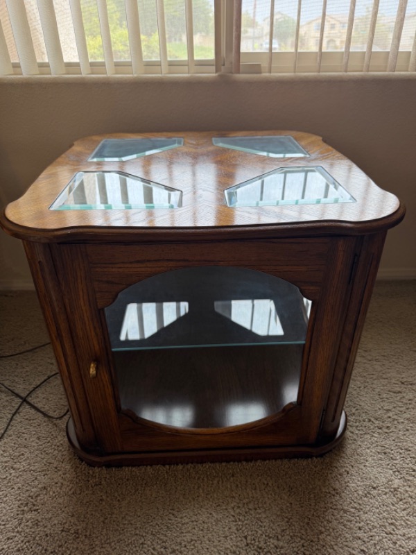 Photo 1 of VINTAGE WALNUT W GLASS INSETS END TABLE 25” x 24” H22”
