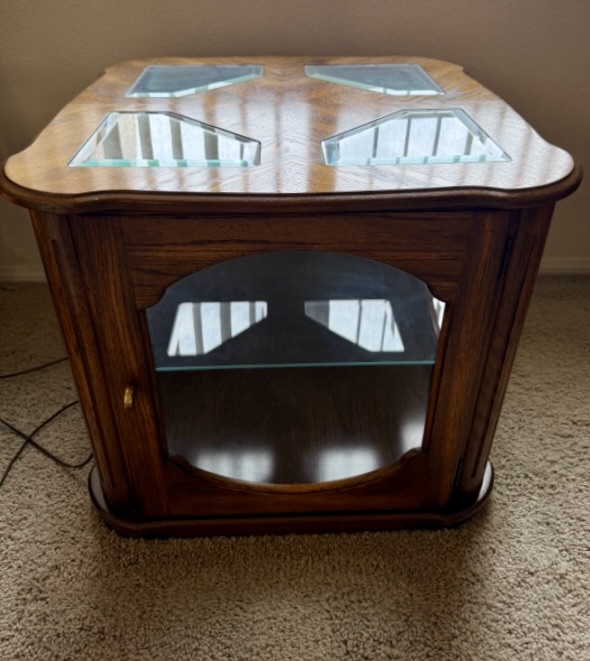 Photo 1 of VINTAGE WALNUT W GLASS INSETS END TABLE 25” x 24” H22”