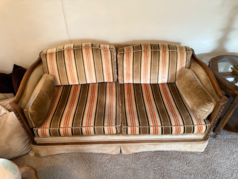 Photo 1 of VINTAGE HOMER’S FURNITURE MID CENTURY STRIPED SOFT FABRIC LOVE SEAT W SOLID WOOD FRAME  W62” D33” H28”