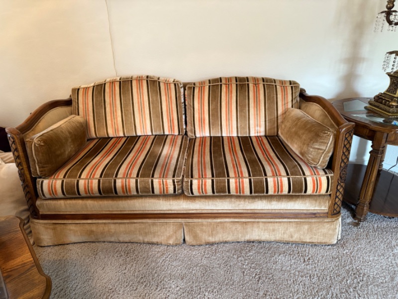 Photo 1 of VINTAGE HOMER’S FURNITURE MID CENTURY STRIPED SOFT FABRIC LOVE SEAT W SOLID WOOD FRAME  W62” D33” H28”