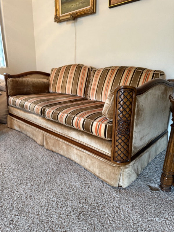 Photo 1 of VINTAGE HOMER’S FURNITURE MID CENTURY STRIPED SOFT FABRIC LOVE SEAT W SOLID WOOD FRAME  W62” D33” H28”