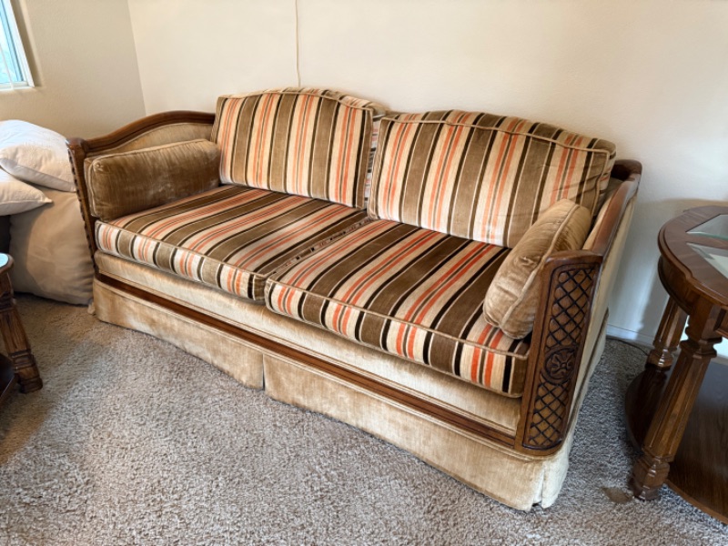 Photo 1 of VINTAGE HOMER’S FURNITURE MID CENTURY STRIPED SOFT FABRIC LOVE SEAT W SOLID WOOD FRAME  W62” D33” H28”