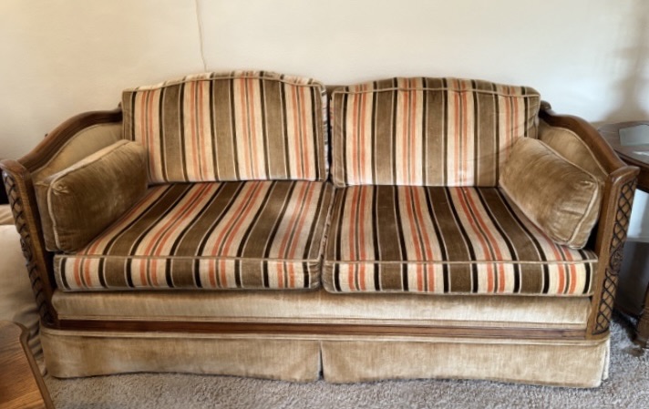 Photo 1 of VINTAGE HOMER’S FURNITURE MID CENTURY STRIPED SOFT FABRIC LOVE SEAT W SOLID WOOD FRAME  W62” D33” H28”