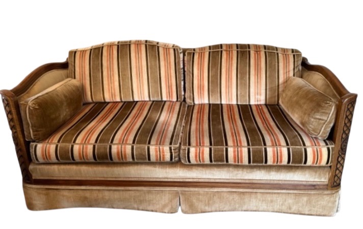Photo 1 of VINTAGE HOMER’S FURNITURE MID CENTURY STRIPED SOFT FABRIC LOVE SEAT W SOLID WOOD FRAME W62” D33” H28”