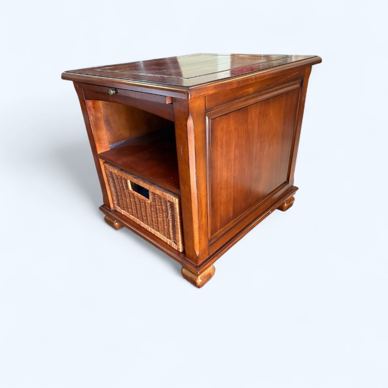 Photo 1 of WALNUT WOOD SIDE TABLE W WICKER PULL OUT BASKET 24”x27” H25”