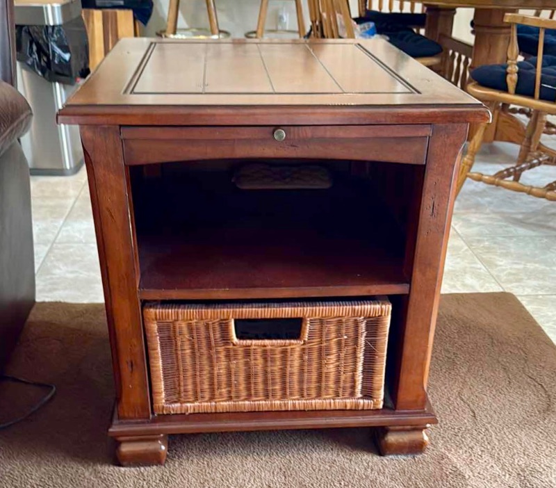 Photo 1 of WALNUT WOOD SIDE TABLE W WICKER PULL OUT BASKET 24”x27” H25”