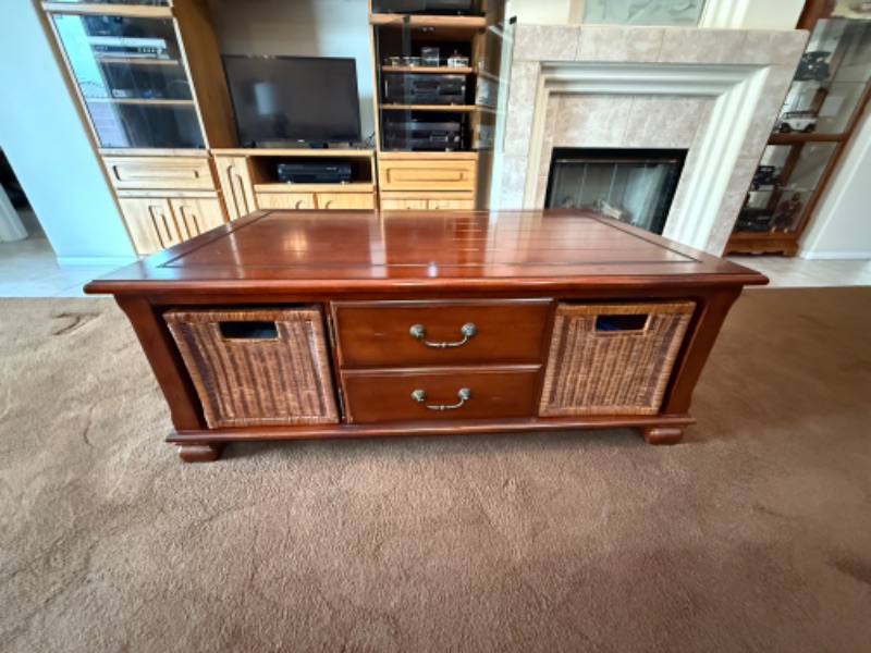 Photo 1 of WALNUT WOOD COFFEE TABLE W 2 PULL OUT BASKET  52”x33” H20”