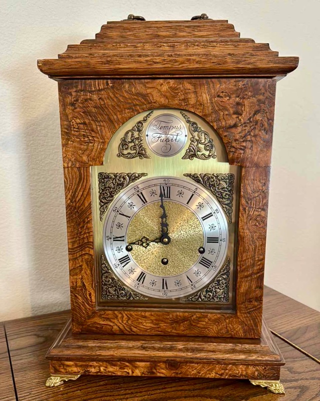 Photo 1 of ANTIQUE ENGLISH FINE WOOD MANTLE CLOCK W PERSONAL EDGING ON GLASS H18” W11”