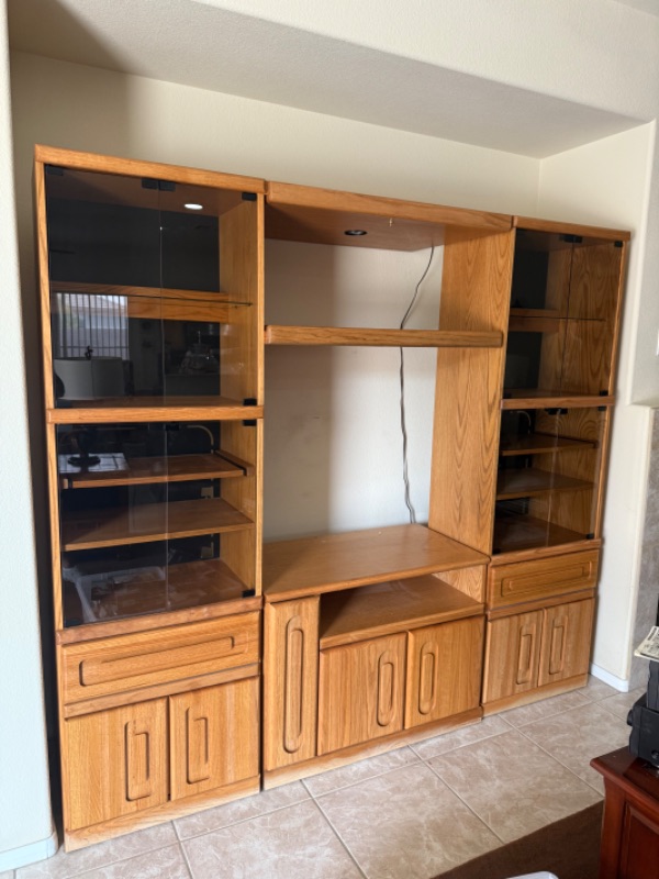 Photo 1 of 4 PC-SOLID OAK ENTERTAINMENT CENTER W SMOKED GLASS DOORS 87” x 16” H77”