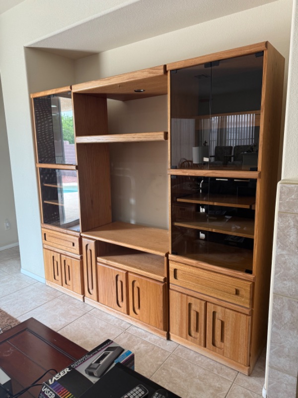 Photo 1 of 4 PC-SOLID OAK ENTERTAINMENT CENTER W SMOKED GLASS DOORS 87” x 16” H77”