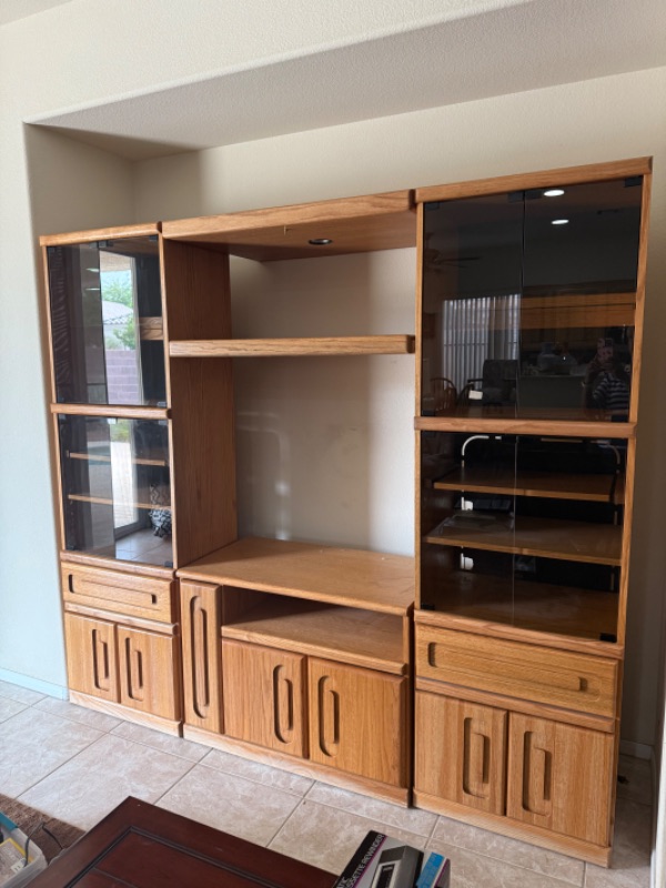 Photo 1 of 4 PC-SOLID OAK ENTERTAINMENT CENTER W SMOKED GLASS DOORS 87” x 16” H77”