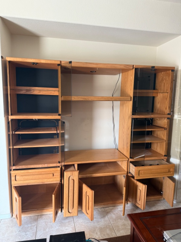 Photo 1 of 4 PC-SOLID OAK ENTERTAINMENT CENTER W SMOKED GLASS DOORS 87” x 16” H77”