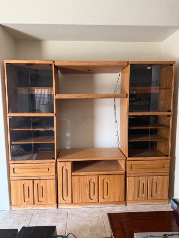 Photo 1 of 4 PC-SOLID OAK ENTERTAINMENT CENTER W SMOKED GLASS DOORS 87” x 16” H77”