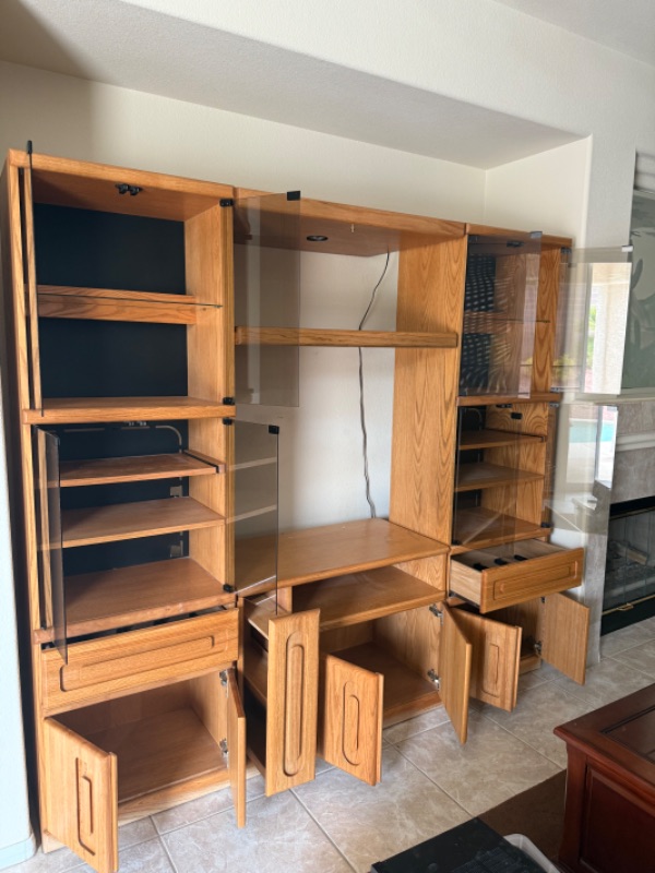 Photo 1 of 4 PC-SOLID OAK ENTERTAINMENT CENTER W SMOKED GLASS DOORS 87” x 16” H77”
