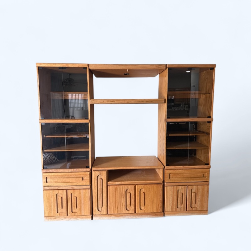 Photo 1 of 4 PC-SOLID OAK ENTERTAINMENT CENTER W SMOKED GLASS DOORS 87” x 16” H77”
