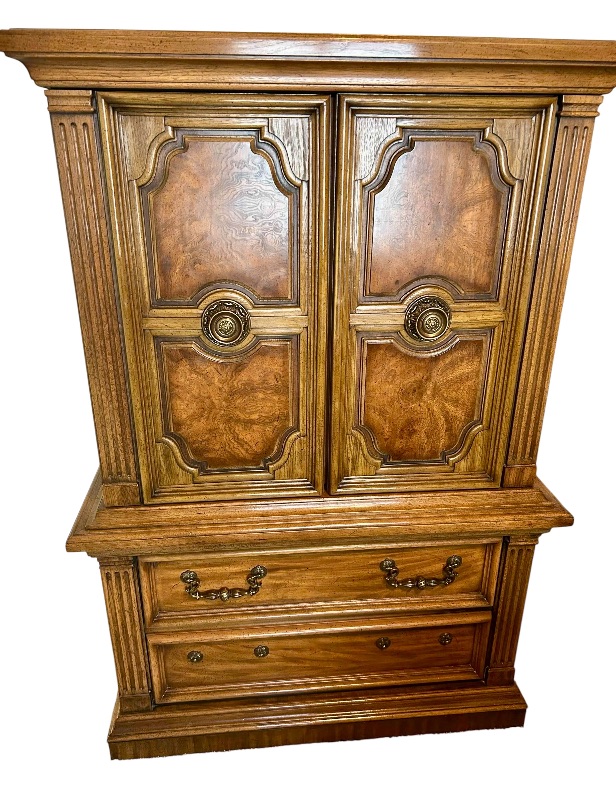 Photo 1 of VINTAGE WOODEN ARMOIRE FIRST FAMILY BY ARMSTRONG 40”X 17” H 60” MISSING 2 HANDLES