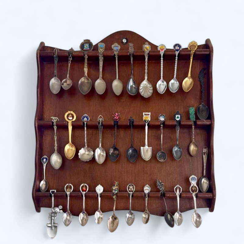 Photo 1 of VINTAGE SOUVENIR SPOON COLLECTIONS W WOODEN SPOON WALL RACK