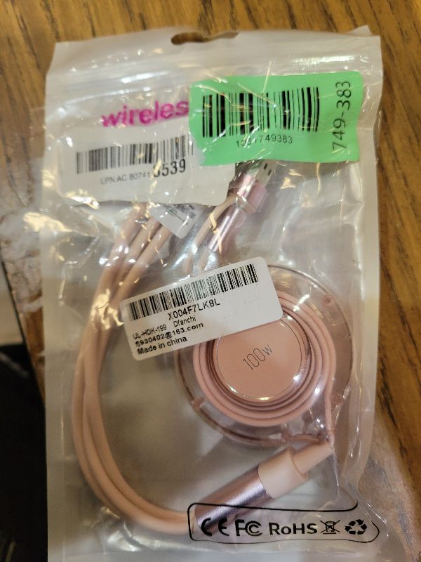 Photo 1 of 100W 6-in-1 Retractable Multi Charging Cable, USB C/Lightning/Micro Multi Charger Cords for iPhones, iPads, MacBook, Tablets, Galaxy, Note & More - 4Ft/1.2M 5A Fast Charging, Durable & Portable, Pink